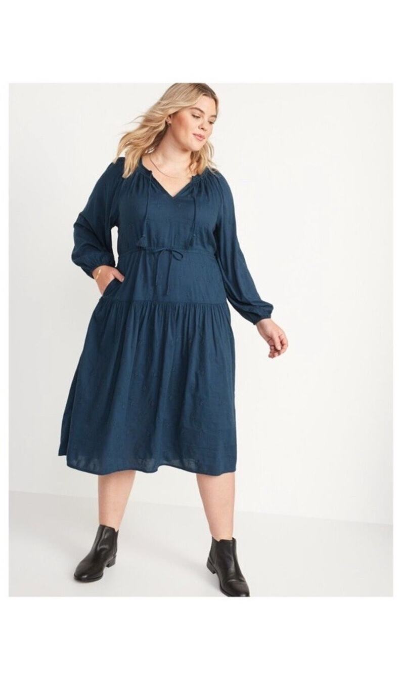 Old Navy Embroidered Tiered MIDI Dress Size XXL Blue Peasant Prairie Tassels